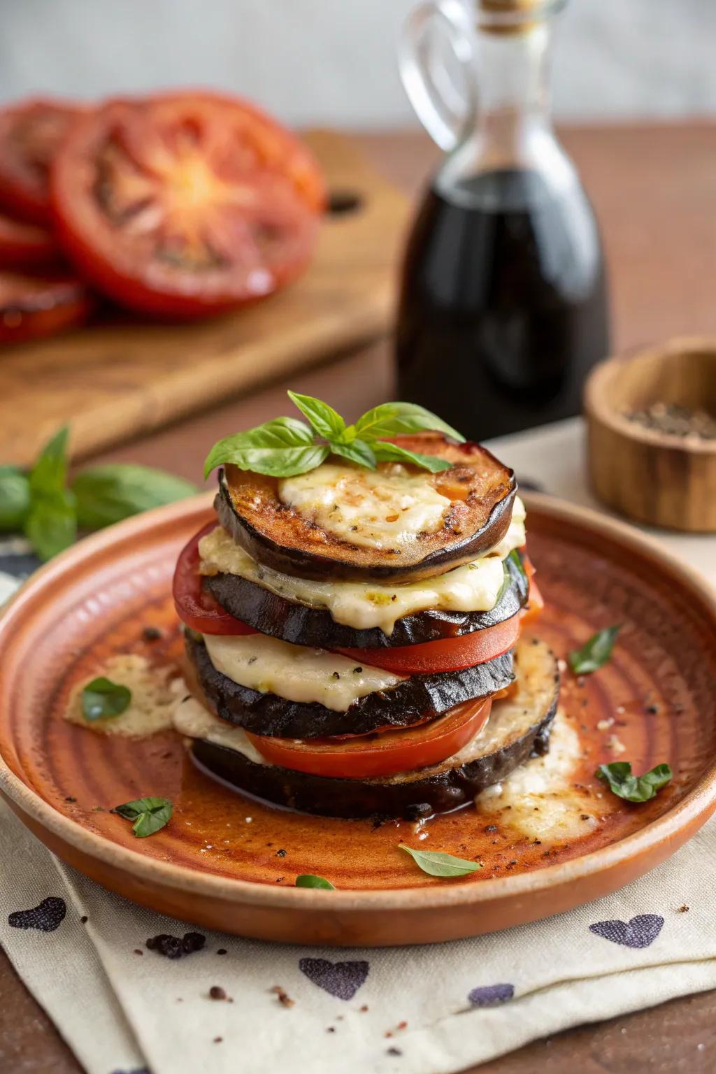 Eggplant and tomato stack, a savory delight.