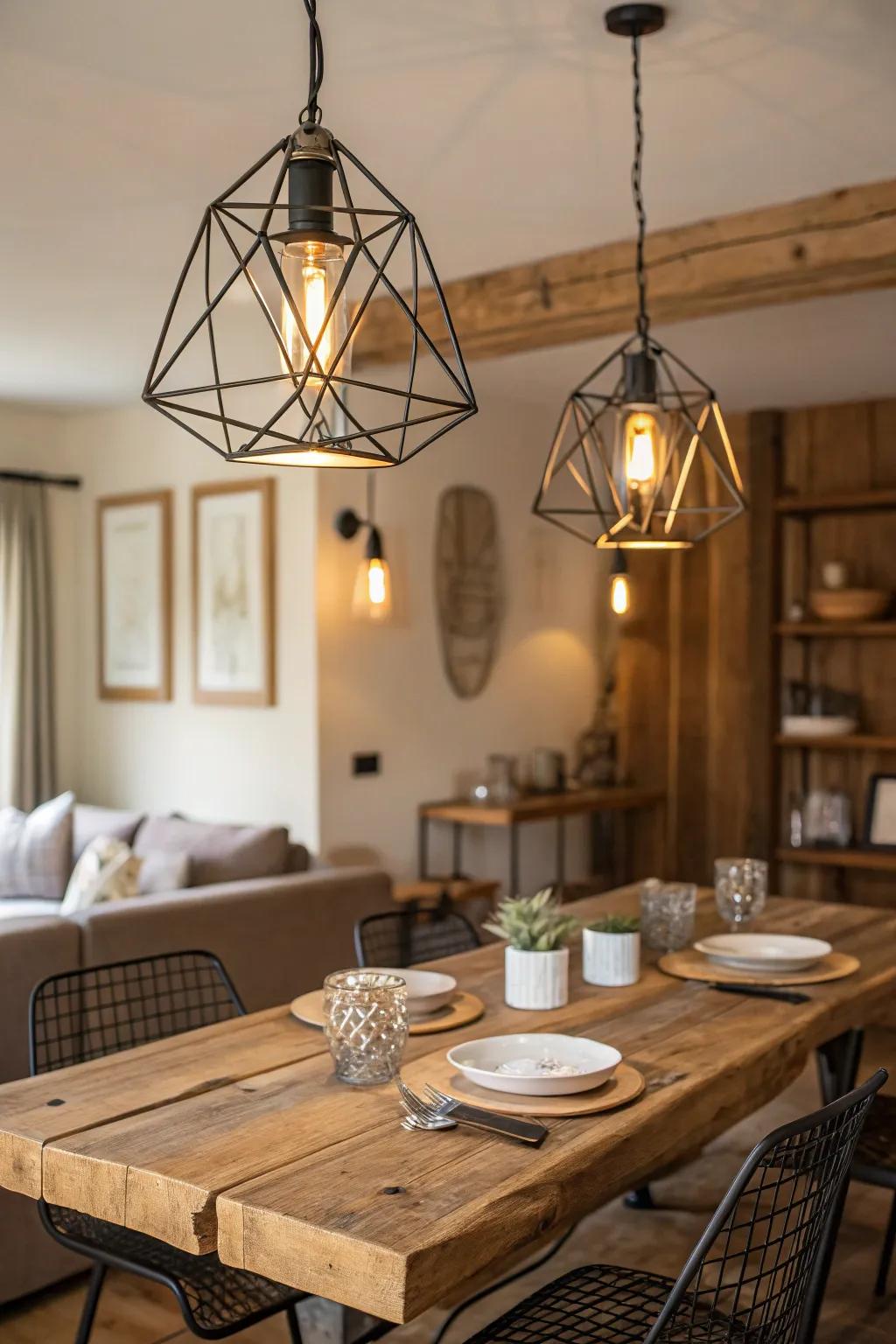 Geometric metal designs bring a modern edge to farmhouse lighting.