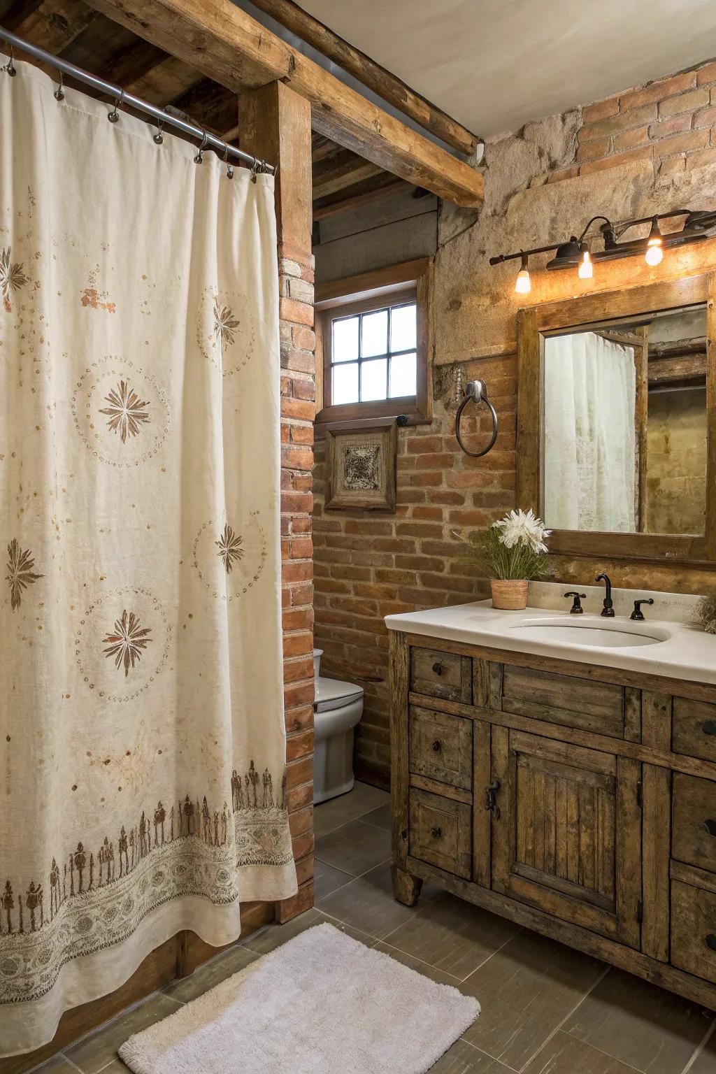 A bathroom featuring a distressed texture shower curtain and rustic decor elements.