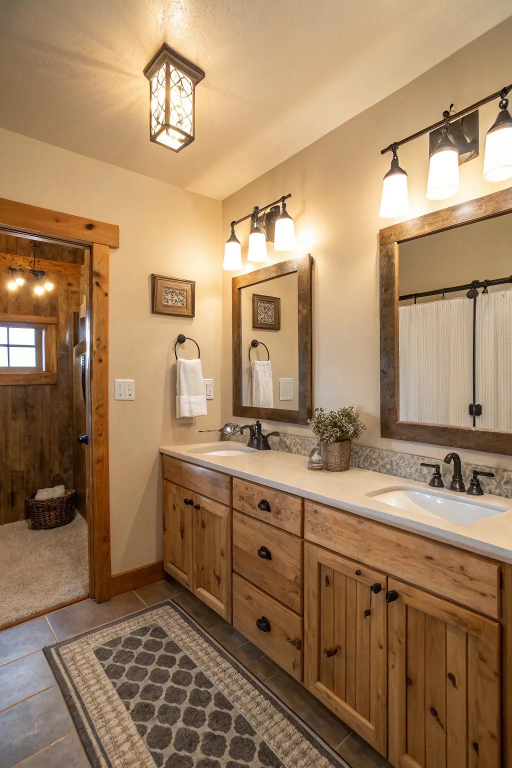 Farmhouse-style lighting brightens and adds charm to this bathroom.