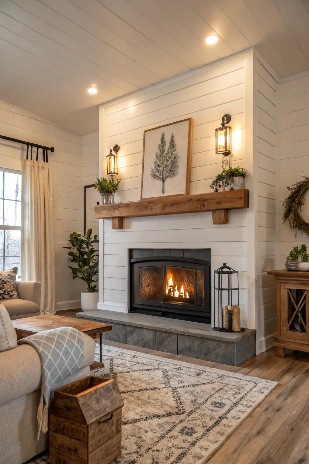 Shiplap accents add rustic charm to this cozy fireplace.