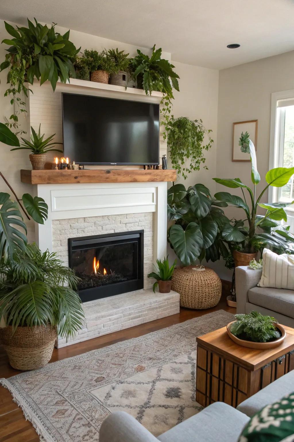 A living room with greenery enhancing a fireplace and TV setup.