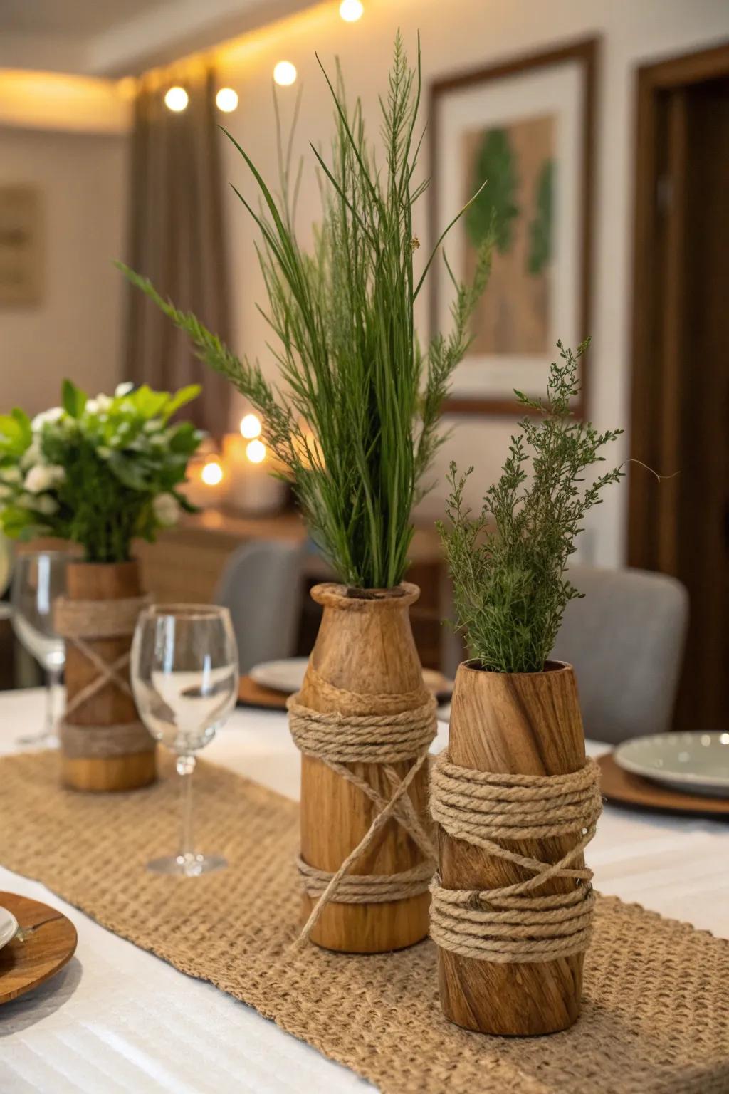 Wooden vases with twine add rustic elegance.