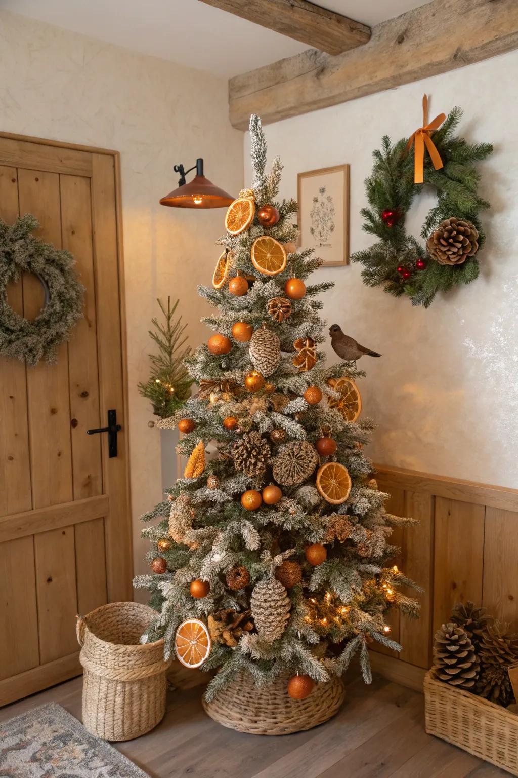 A nature-themed flocked Christmas tree with organic elements.