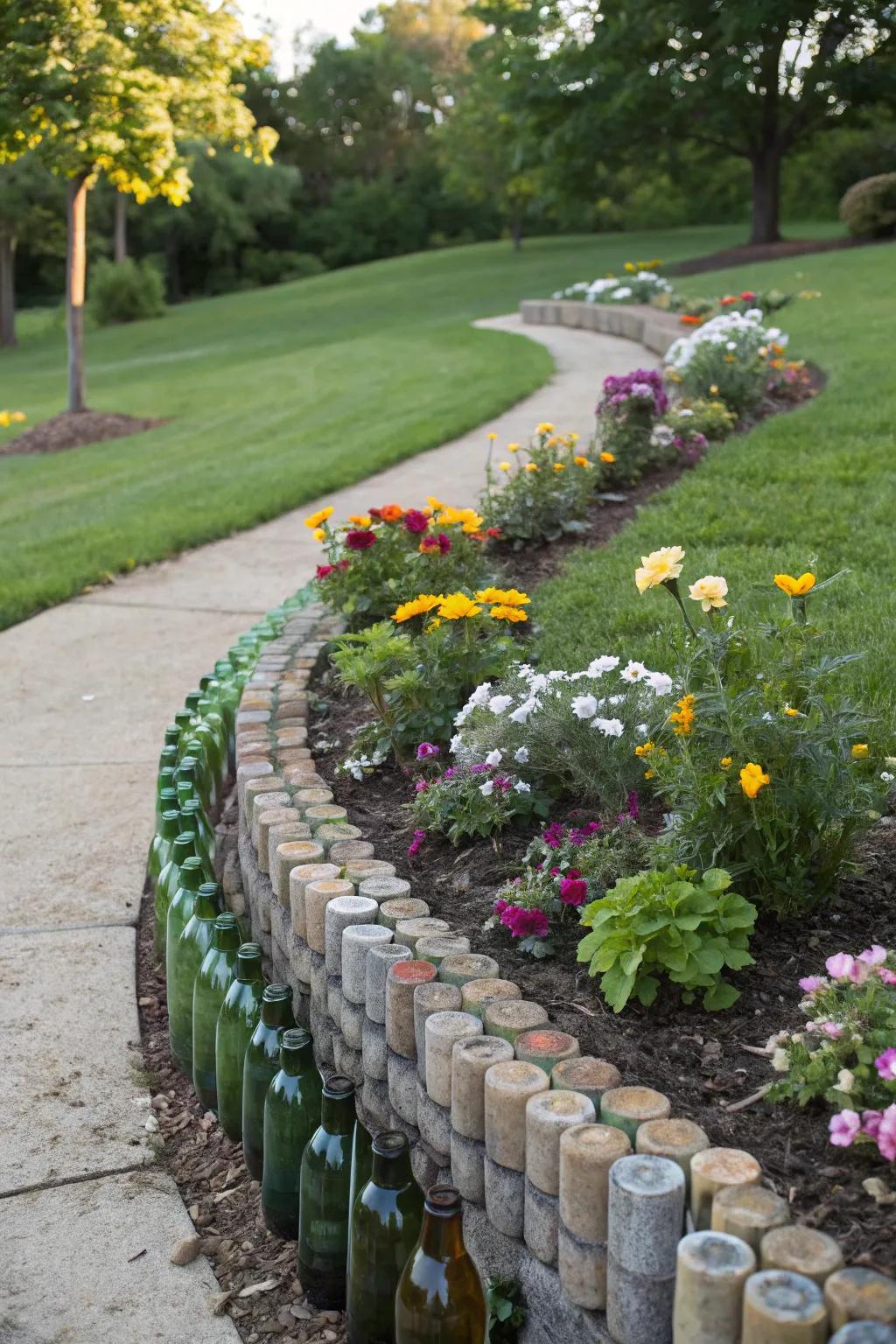 Recycled glass bottles create a whimsical and colorful flower bed border.