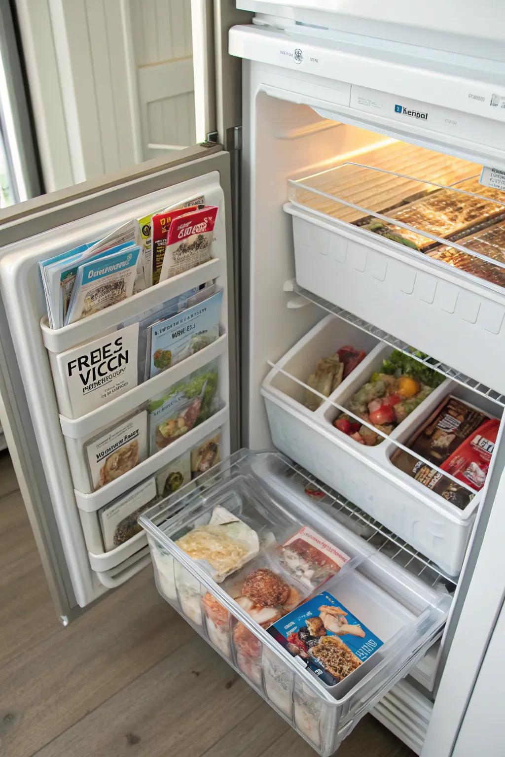 Magazine holders can cleverly organize flat freezer items.