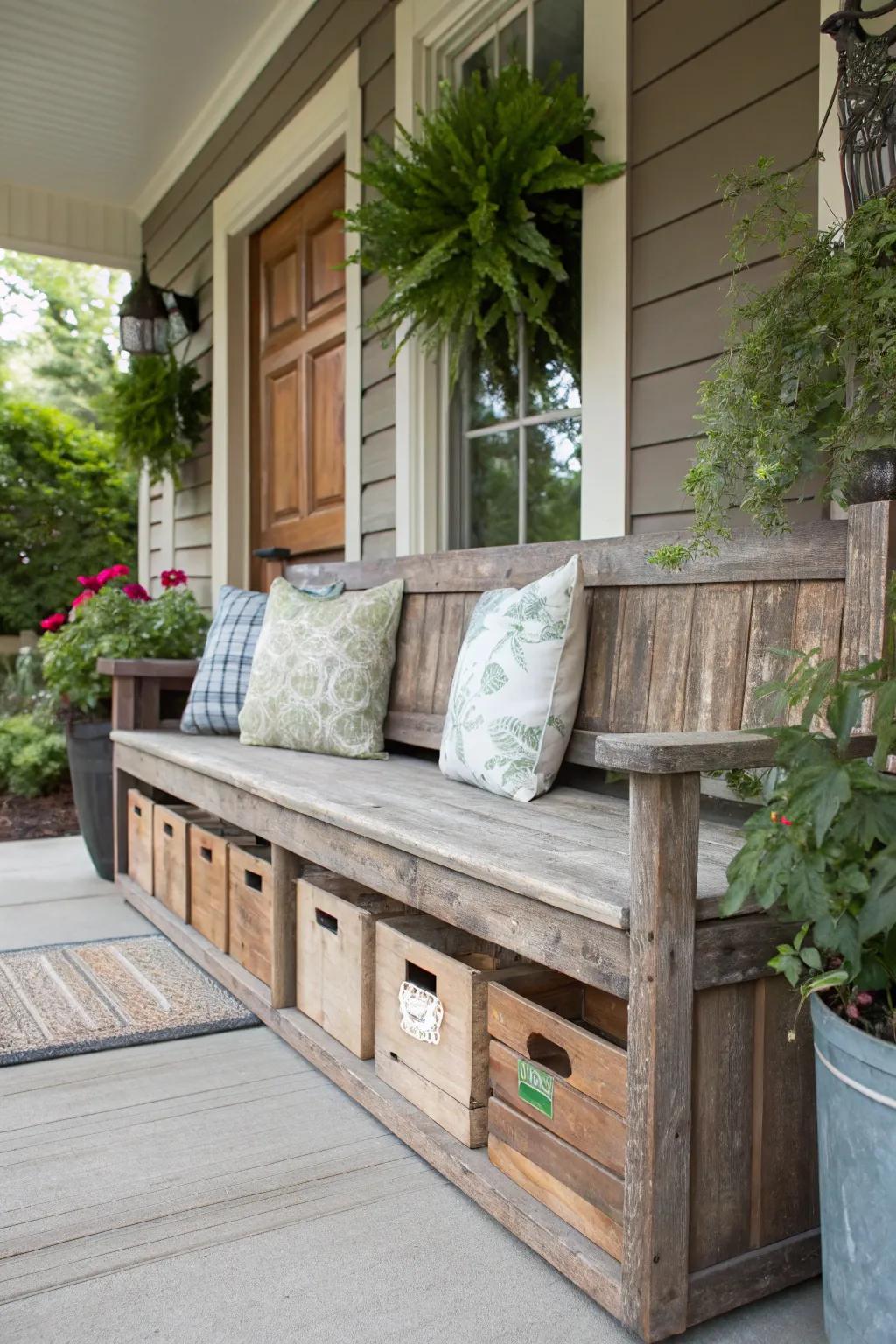 A bench with built-in storage keeps the porch tidy and functional.