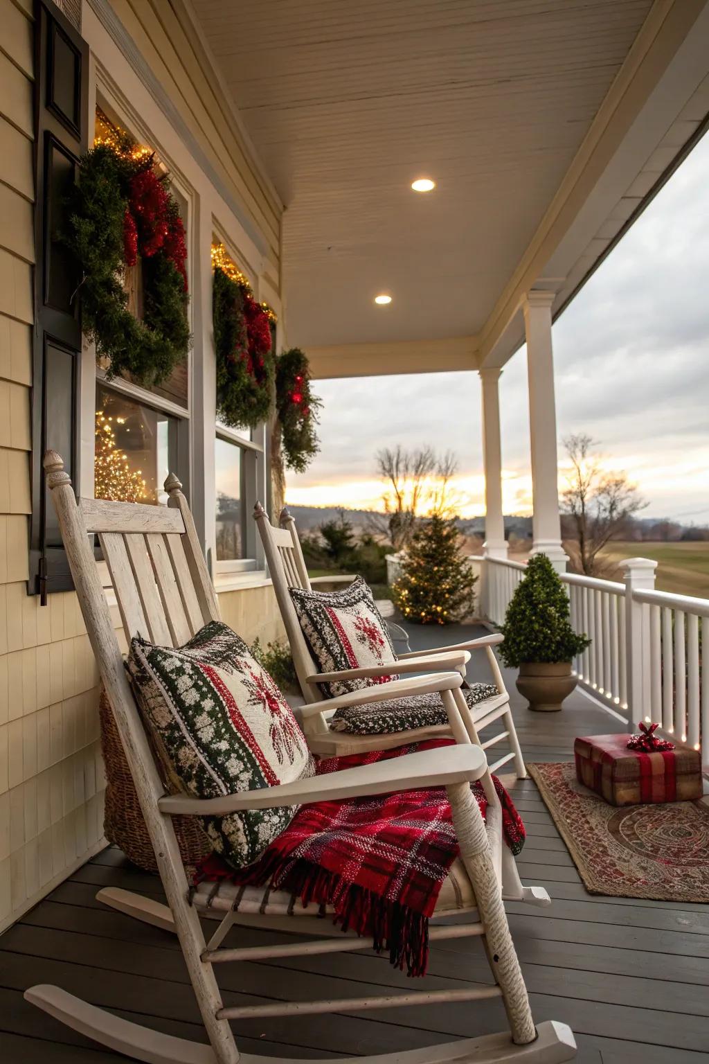 Rocking chairs offer a cozy spot to enjoy the holiday view.