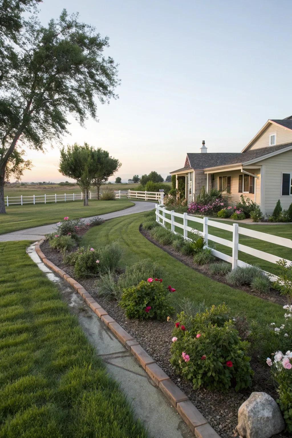 Subtle fencing defining spaces in a ranch front yard