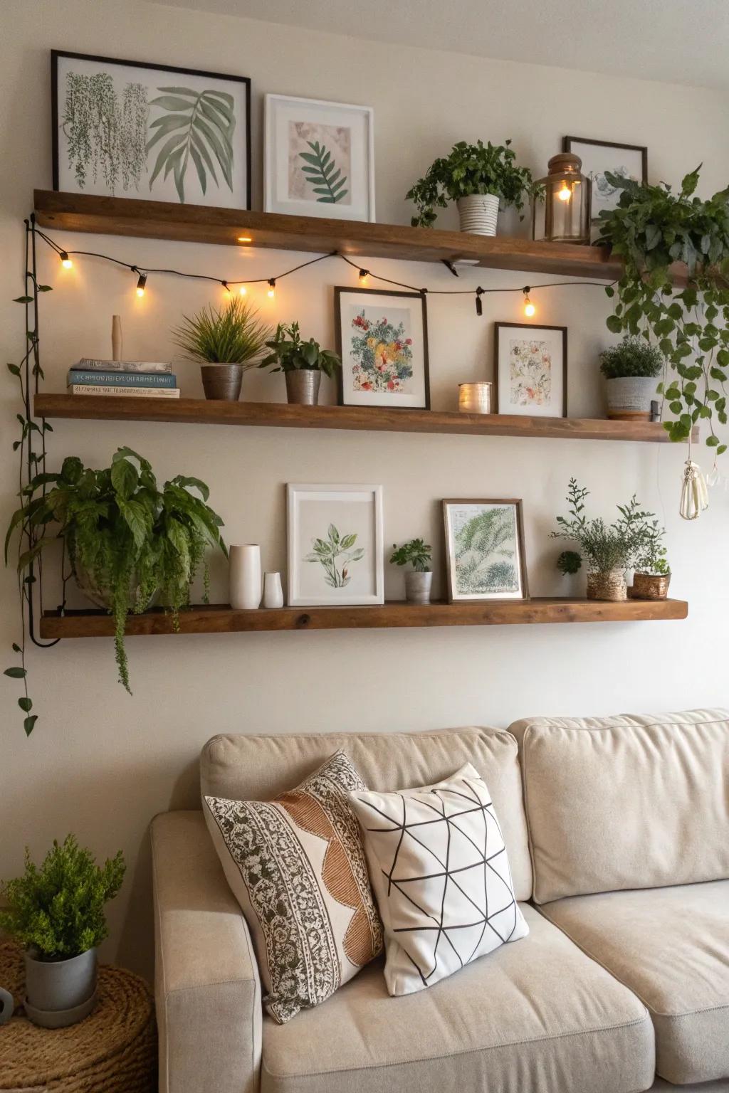 Floating shelves behind the couch, adding a modern touch to the space.