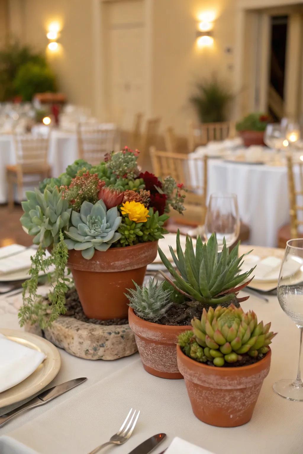 Eco-friendly centerpieces with potted plants and succulents.