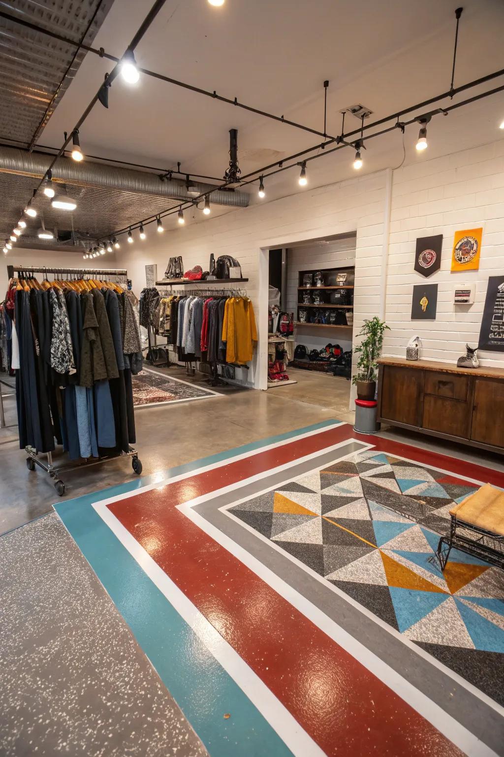 Unique flooring options like vinyl and painted concrete in a garage boutique.