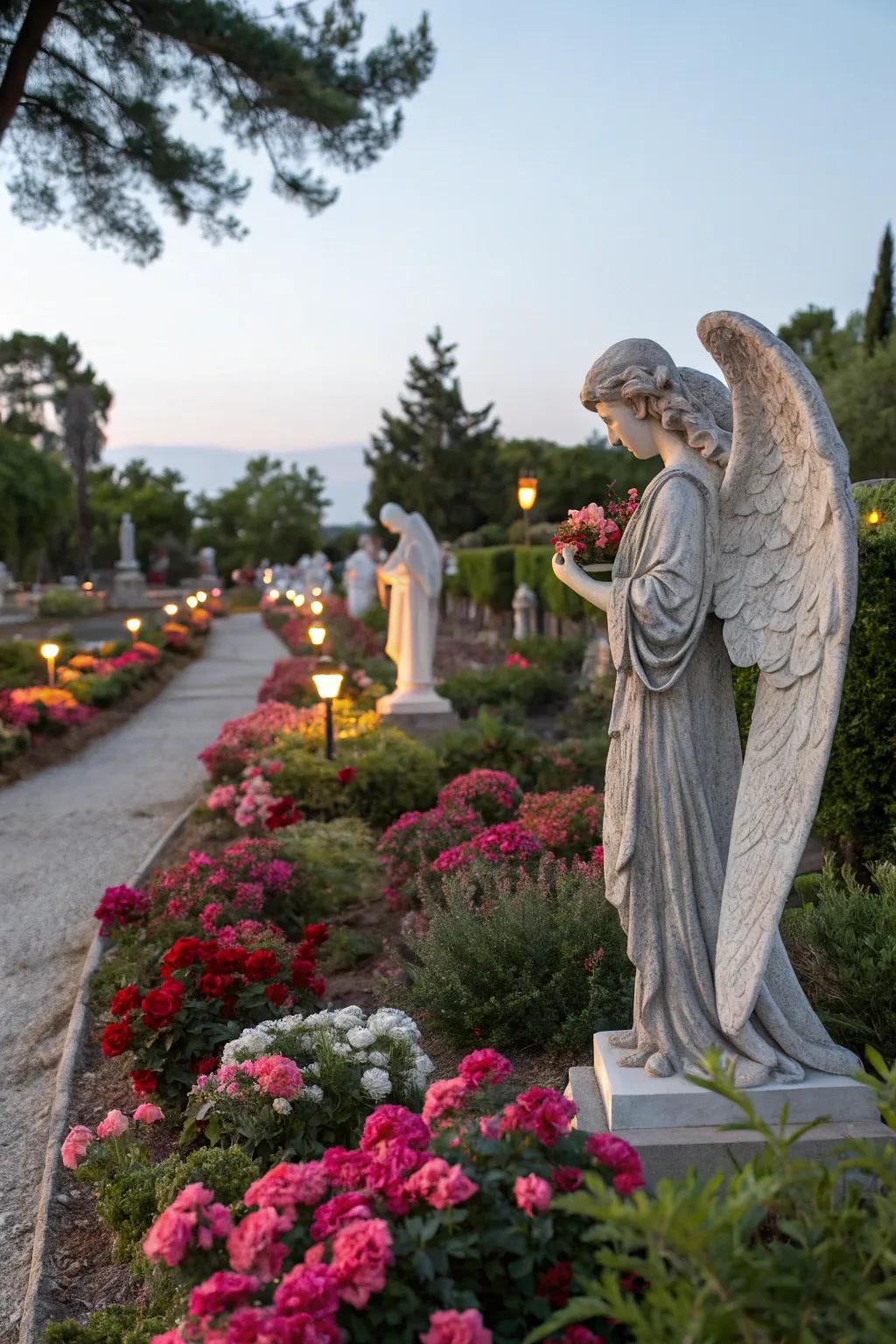 A serene memory garden with angelic figures.