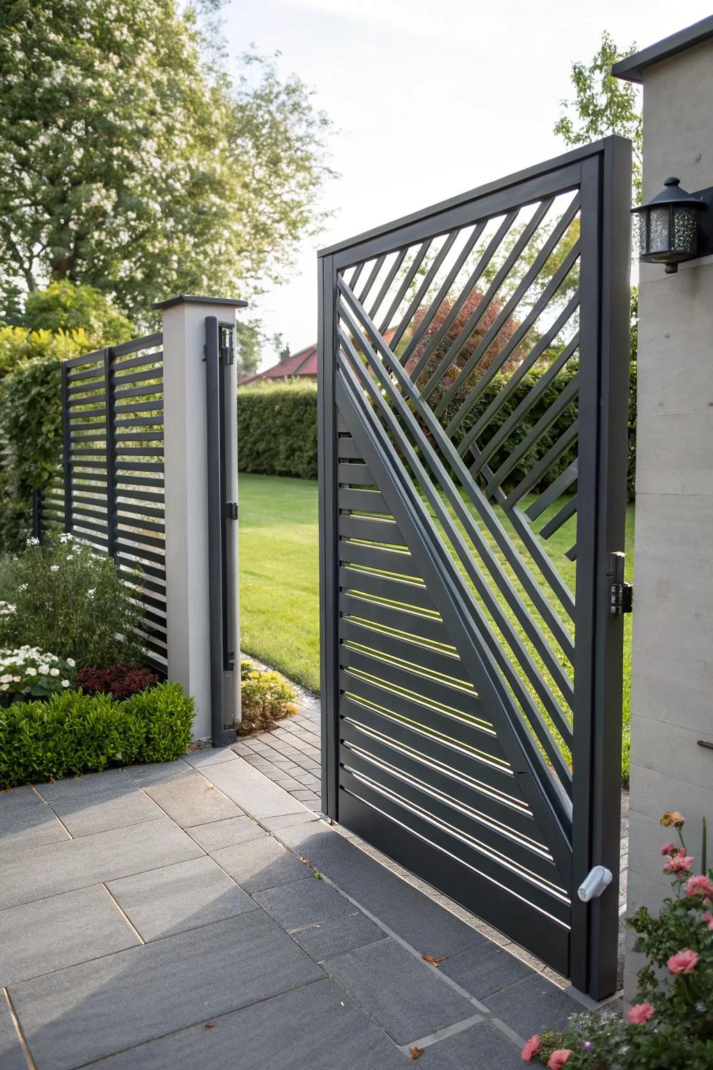 Louvered gate adds modern style to your garden.