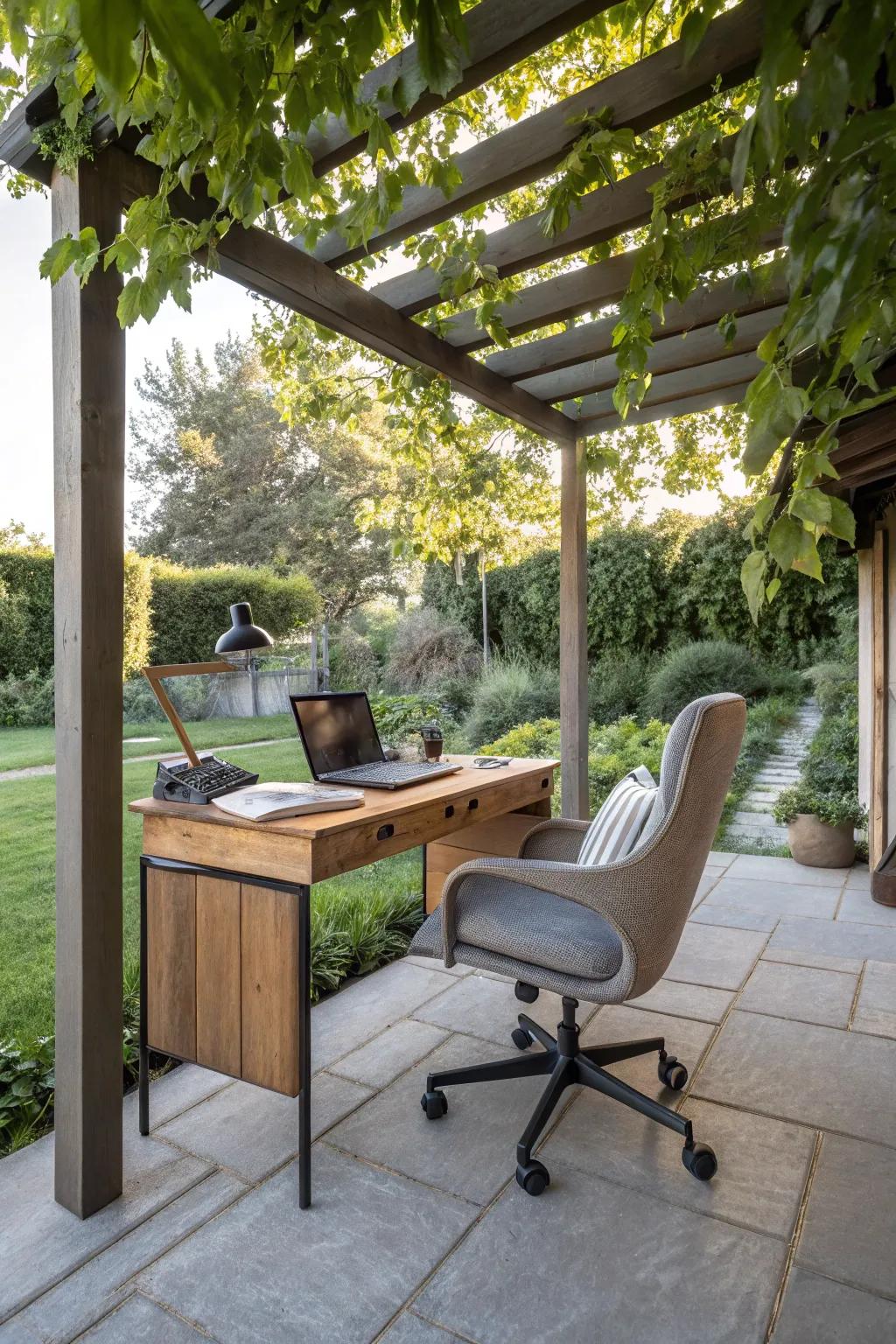 A unique under-pergola workspace, merging open-air freedom with productivity.