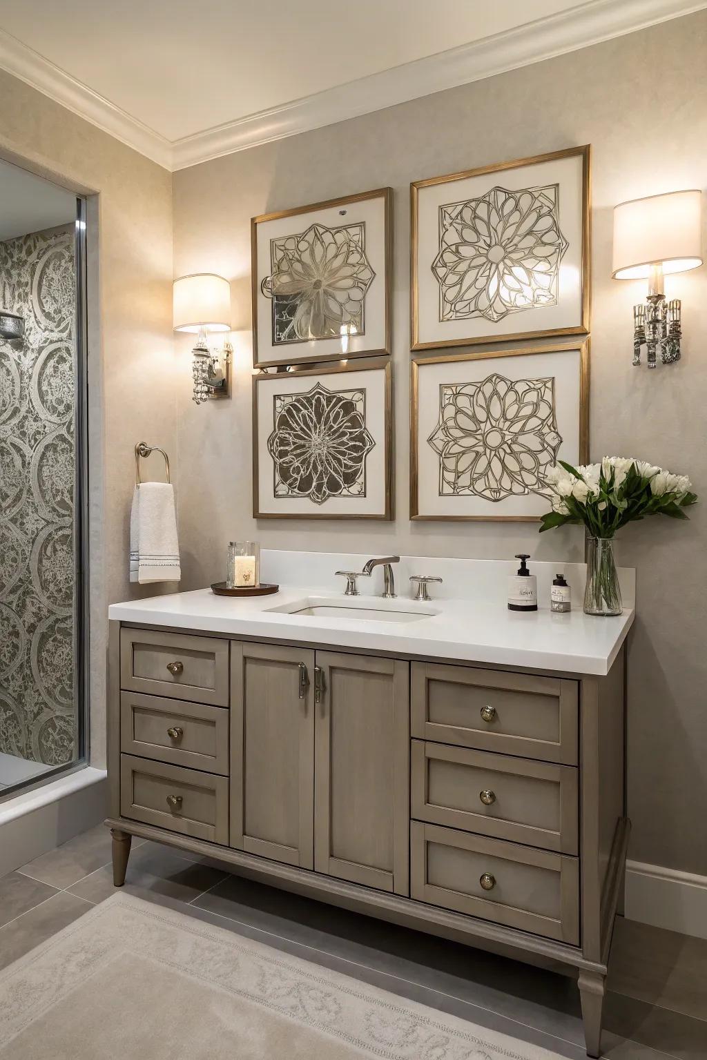 An elegant bathroom featuring wall art above a modern vanity.