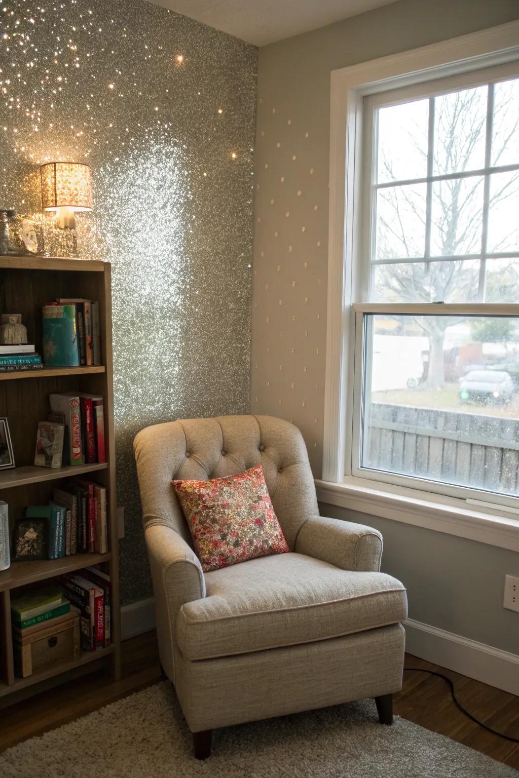 A glitter accent wall adds charm to a reading nook.