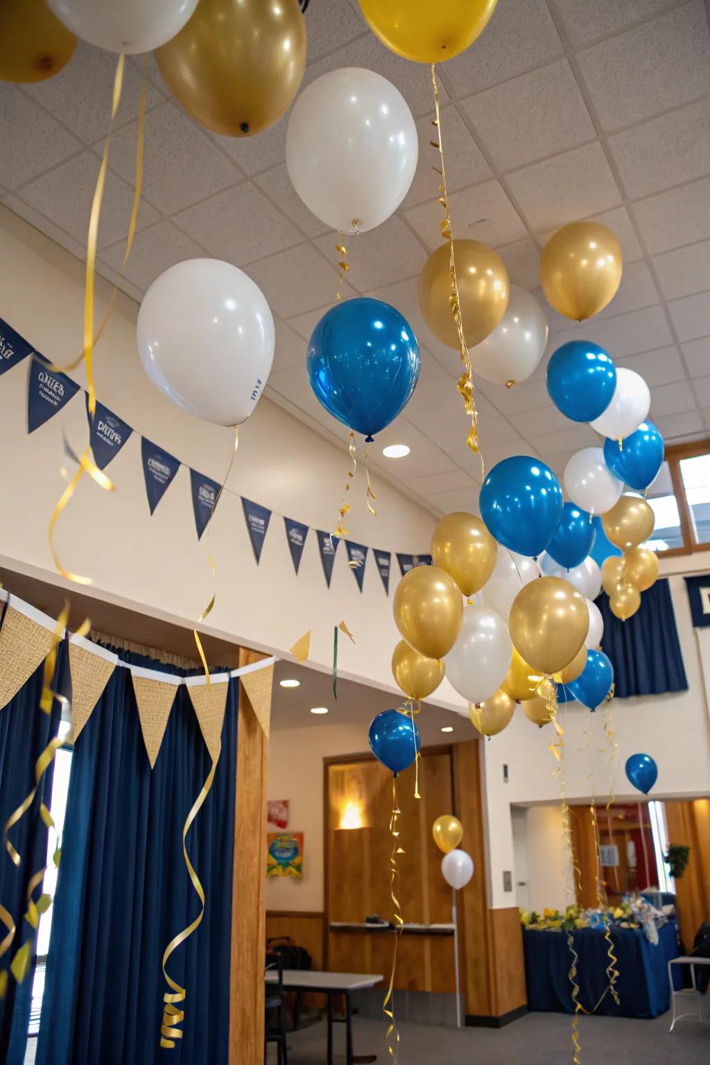 A room adorned with floating ceiling balloons creating a magical setting.