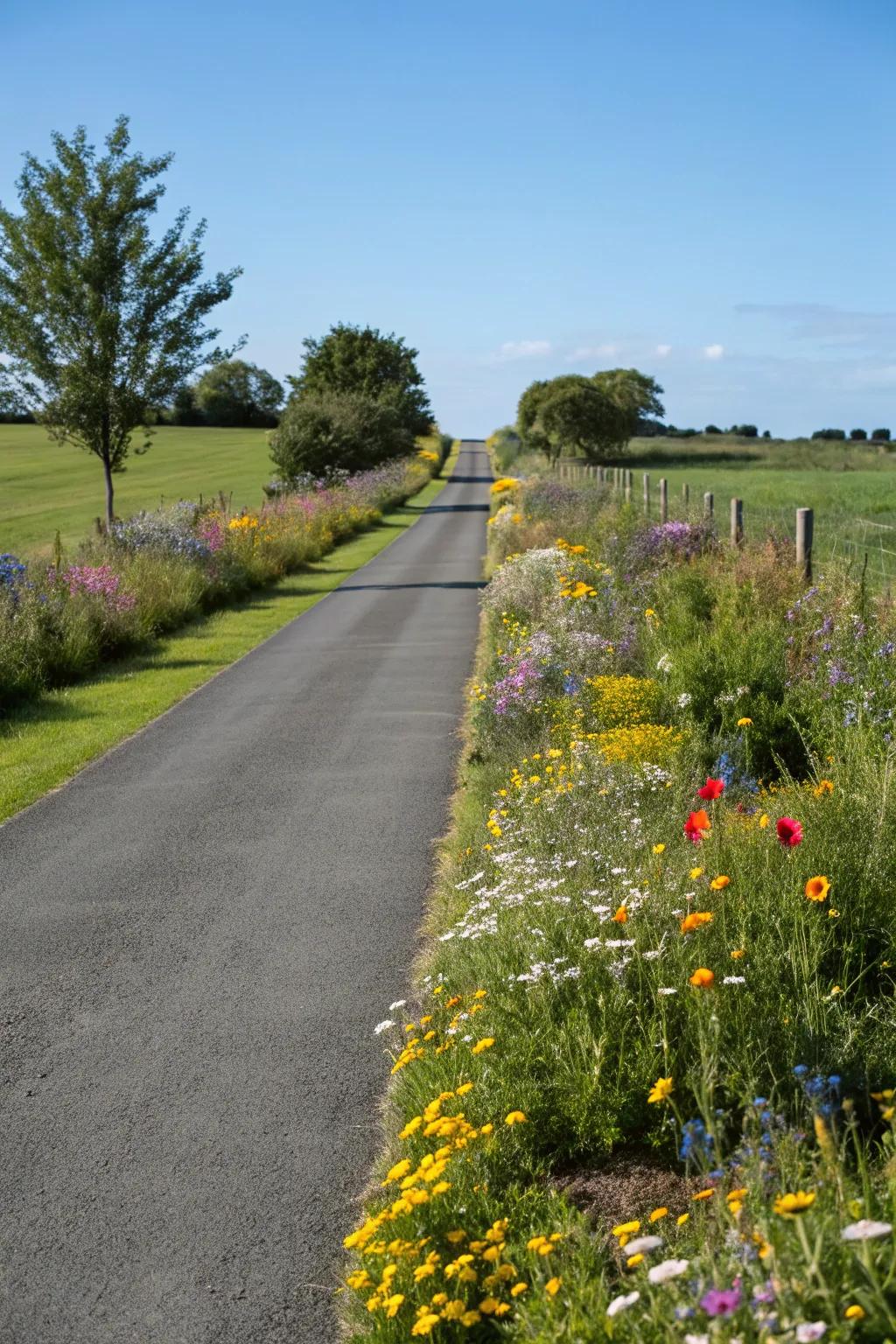 Wildflower borders add a colorful touch to a grass driveway.