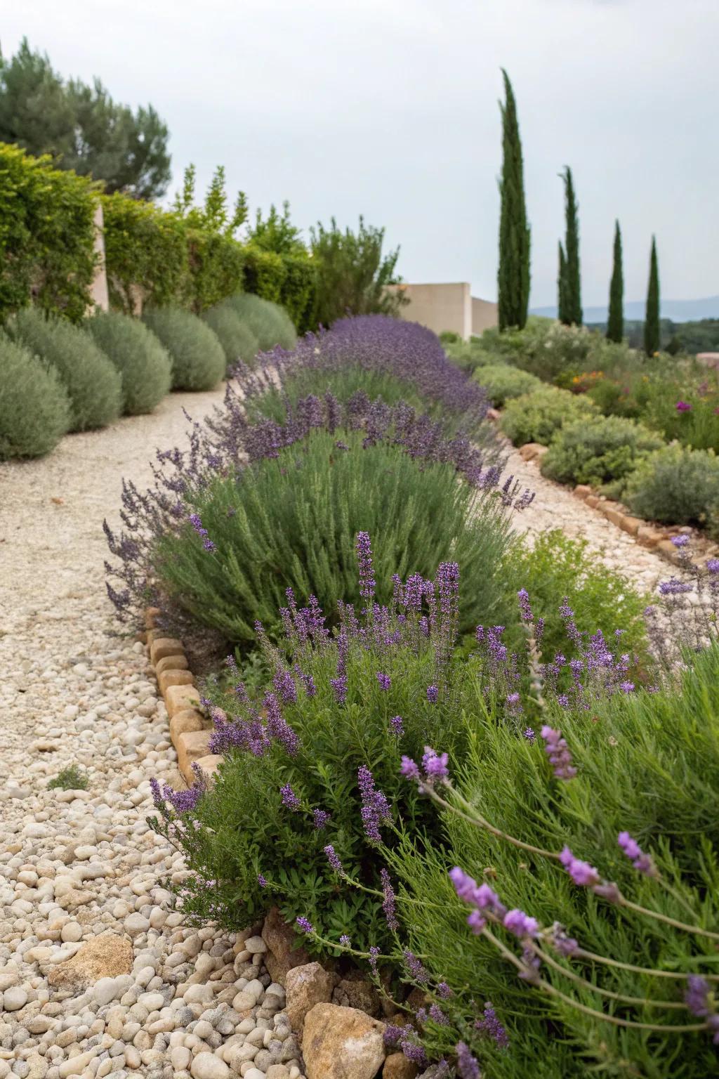 A Mediterranean-inspired gravel flower bed with aromatic plants