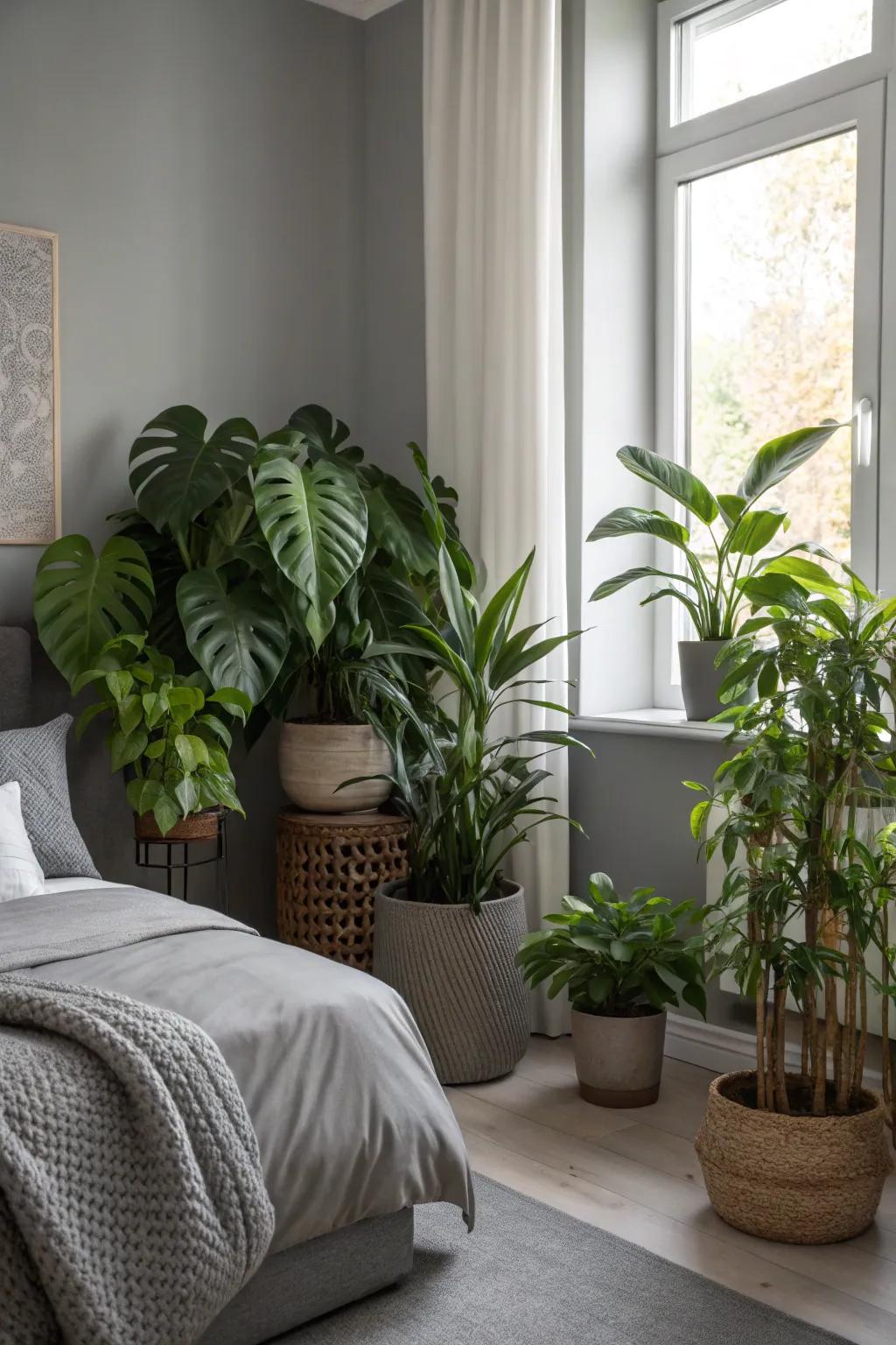 Greenery breathes life into a serene gray space.