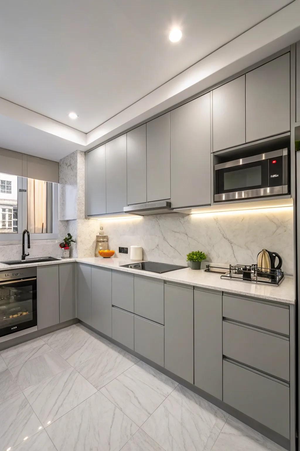 A minimalist aesthetic with gray cabinets creates a serene space.