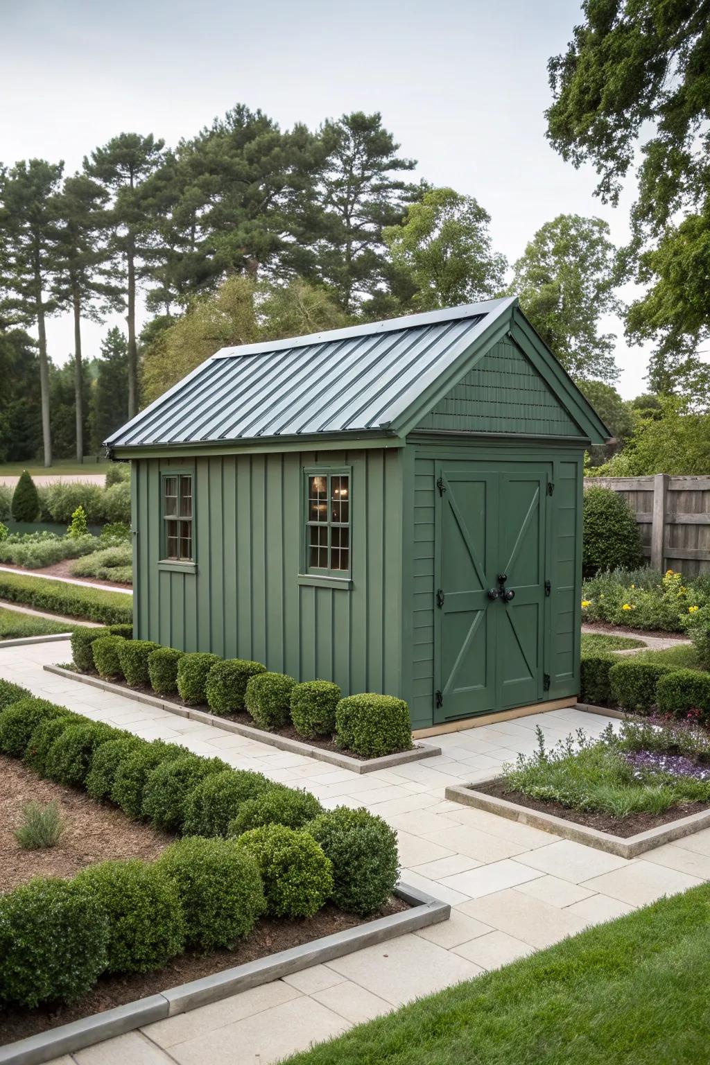 A metal roof adds a modern touch to a green shed.