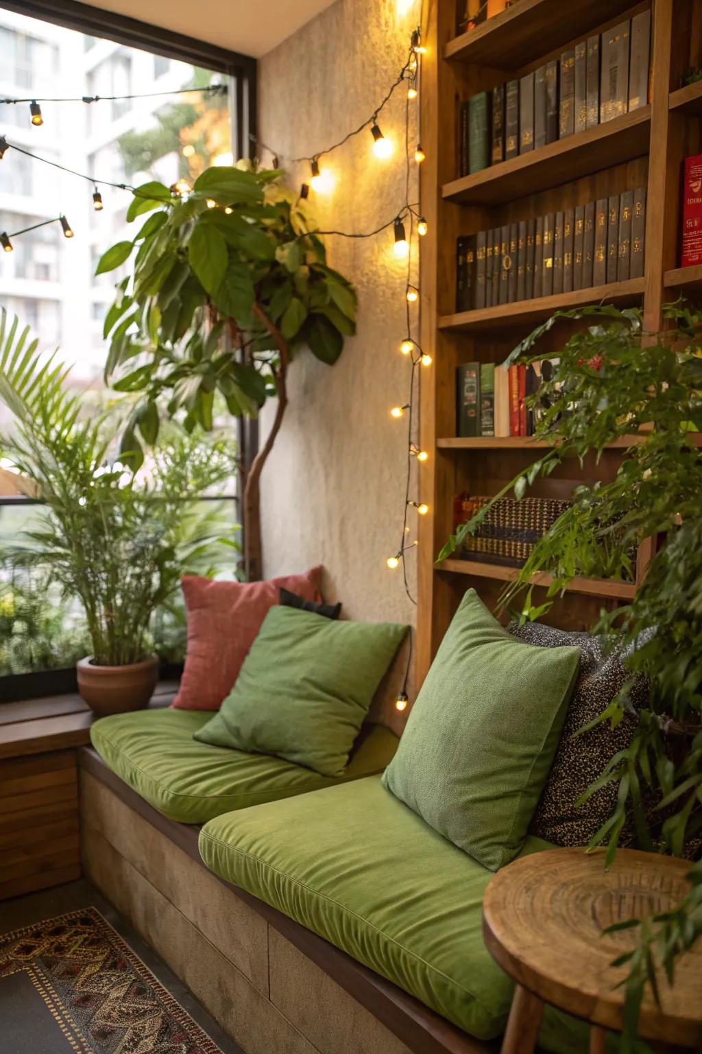 A cozy reading nook with green accents.