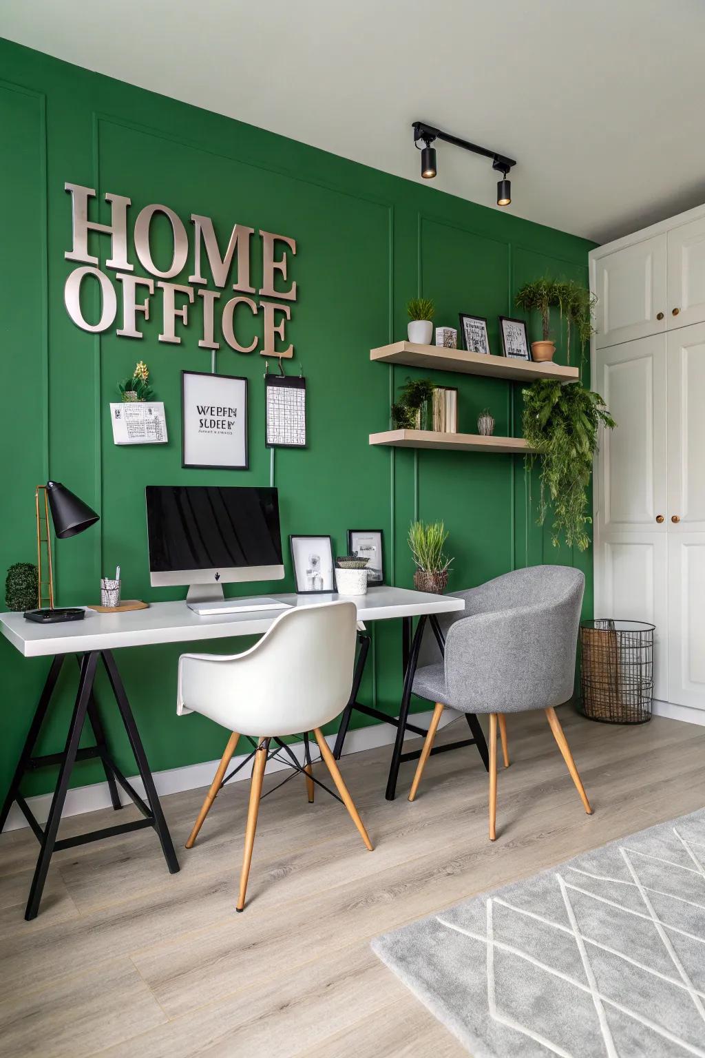 A home office where a green wall serves as a striking backdrop for signage.