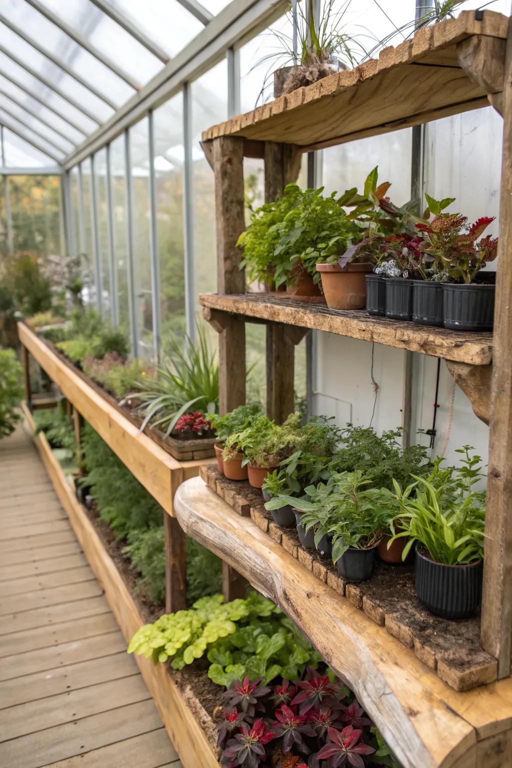 Live-edge wood shelves providing organic beauty.