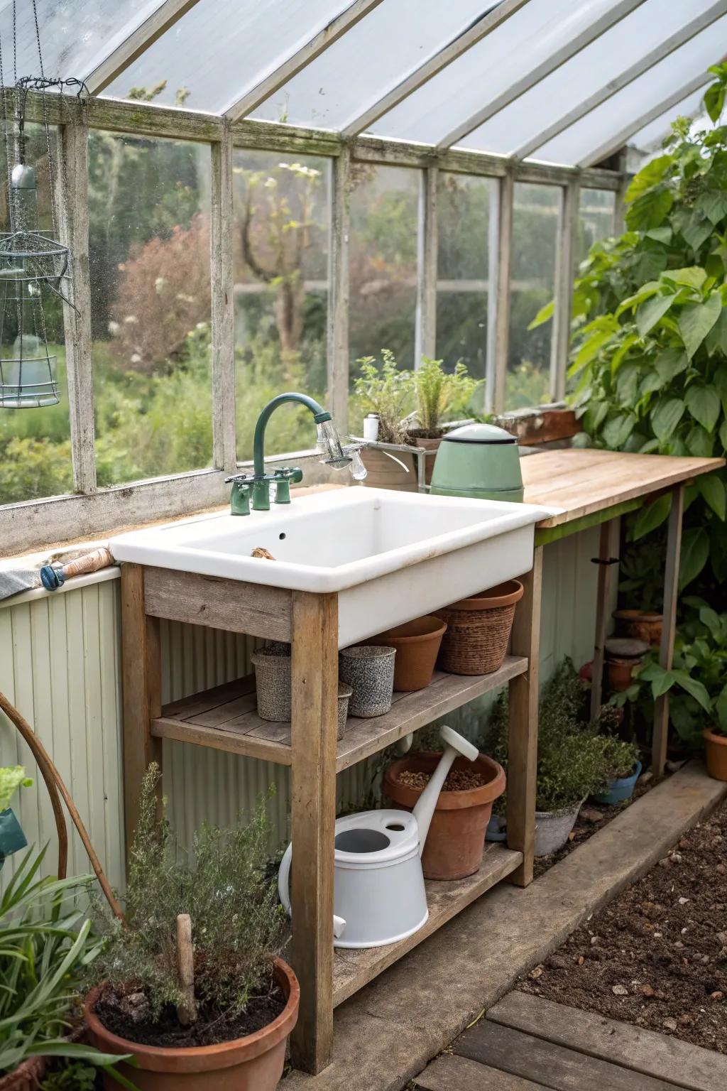 A hidden sink that provides space-saving functionality in a greenhouse.