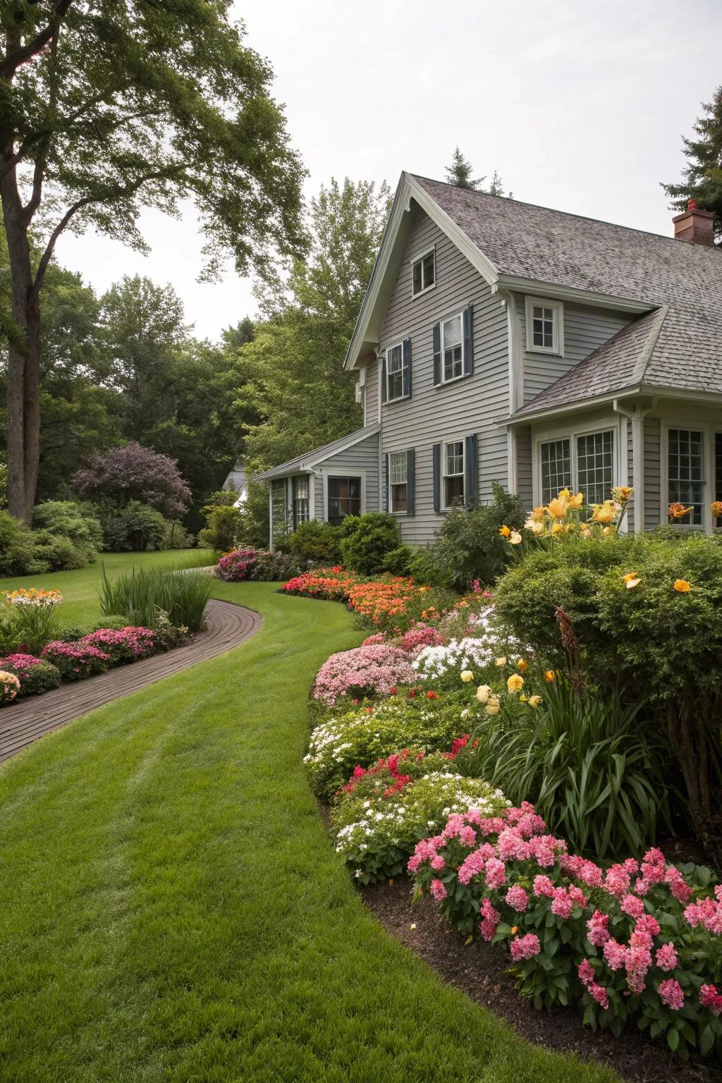 Vibrant greenery complements a grey exterior.