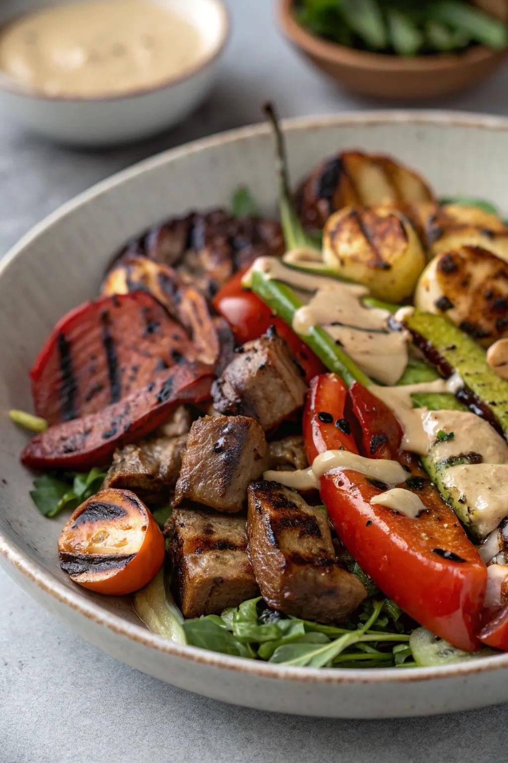 Charred greens and meats offer a delightful smoky flavor.