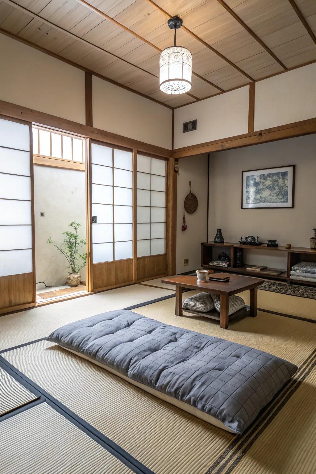 A tatami mat setup offering a serene and cultural guest sleeping option.