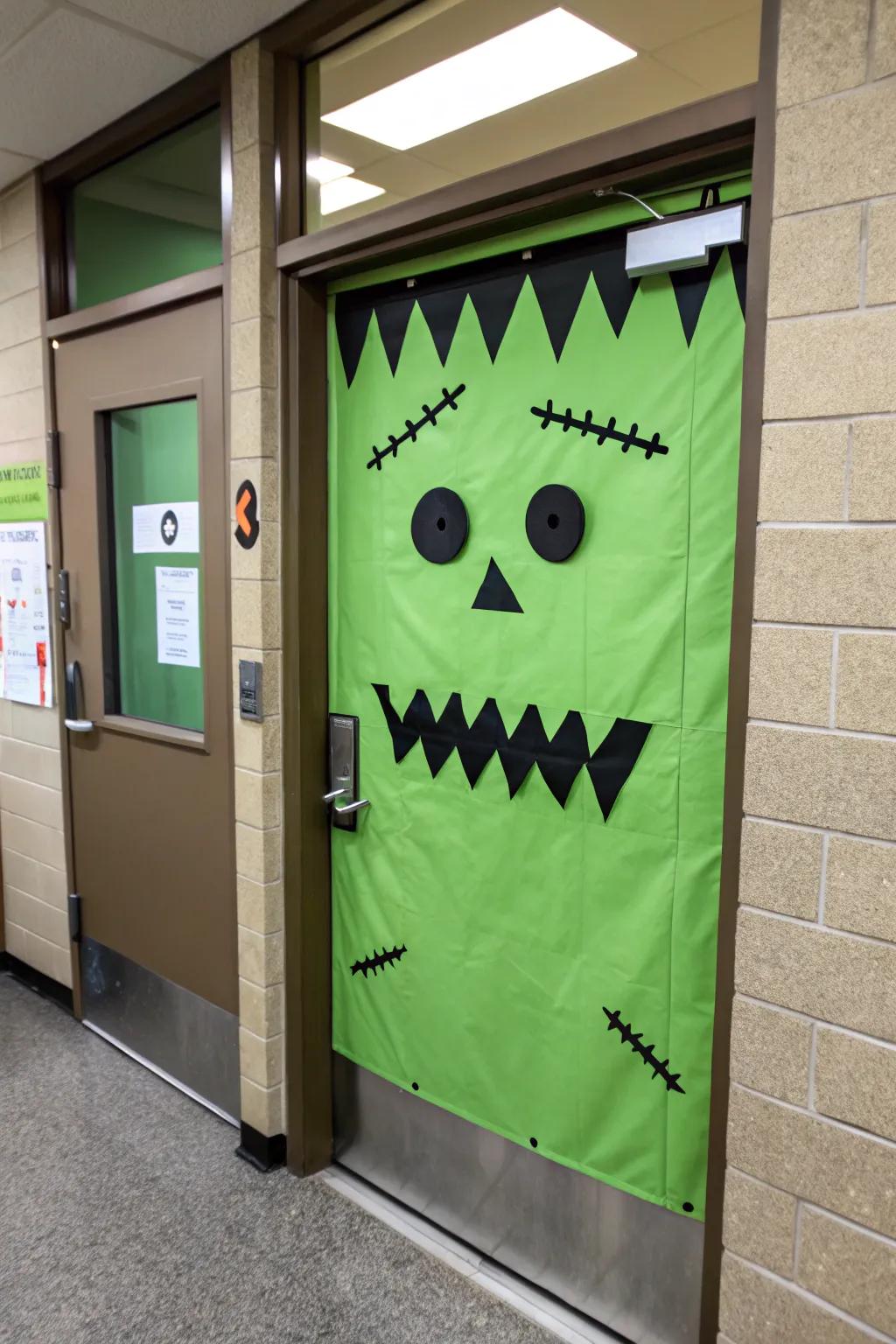 Frankenstein's face welcoming students with a spooky grin.