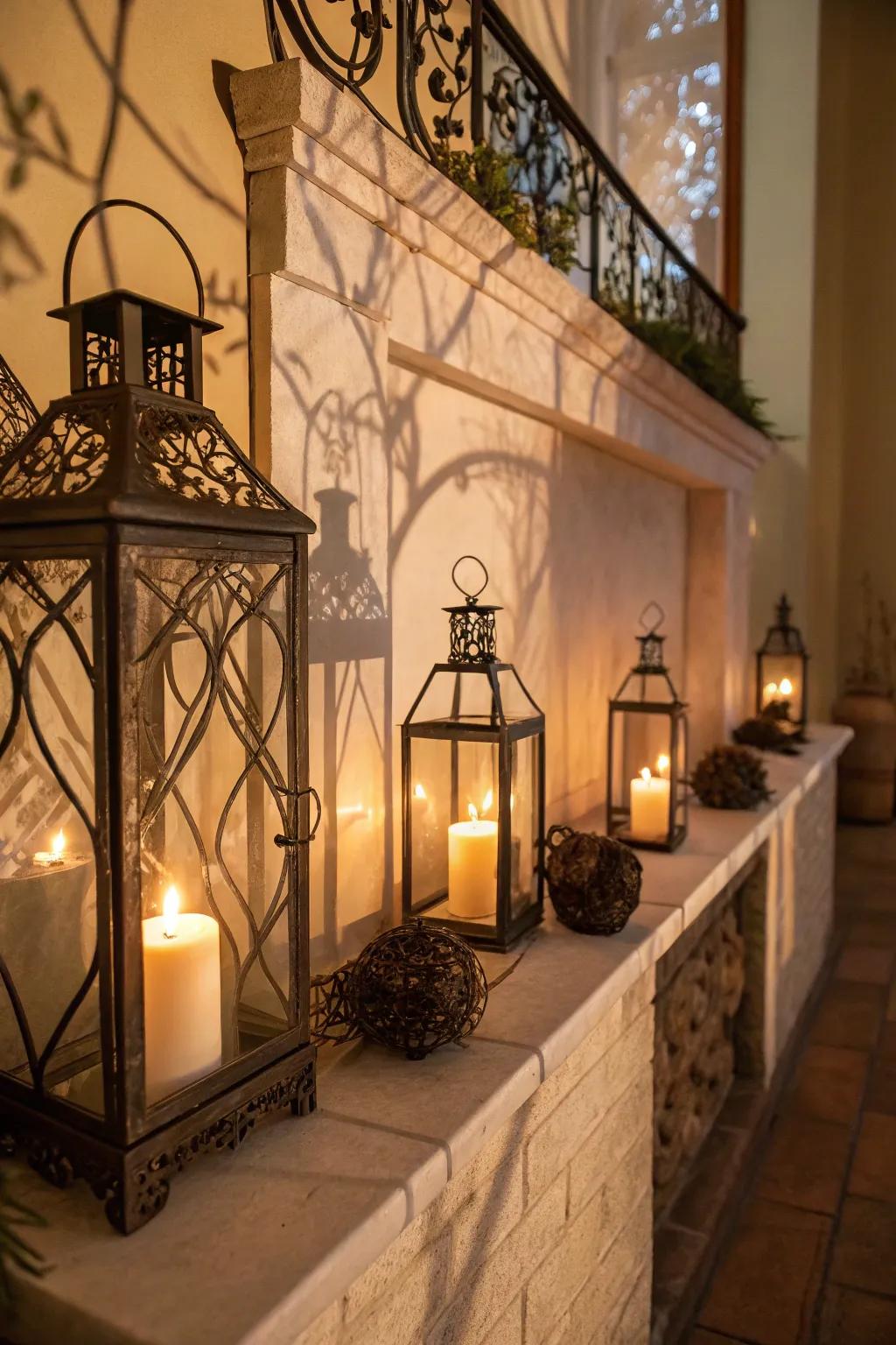 Lanterns with candles create enchanting light patterns.