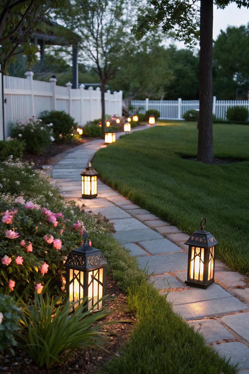 Lanterns lighting the way for a welcoming yet eerie effect.