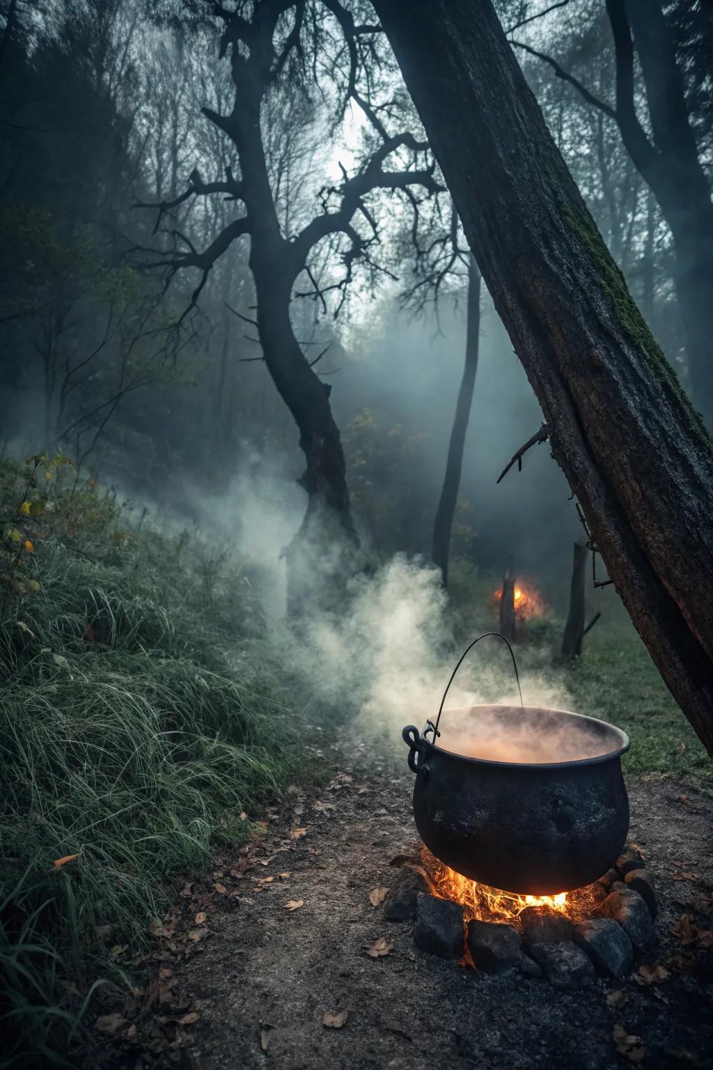 A witch's cauldron bubbling with mystical fog and lights.