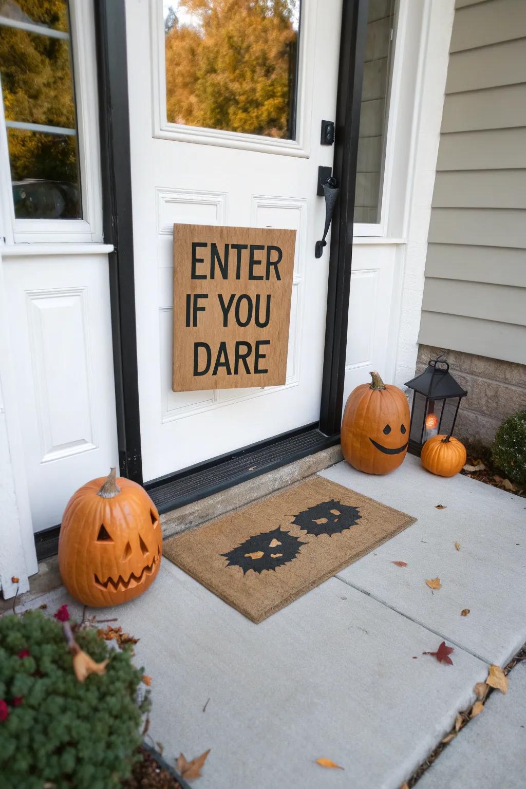 A vinyl door mat sets the Halloween mood from the doorstep.