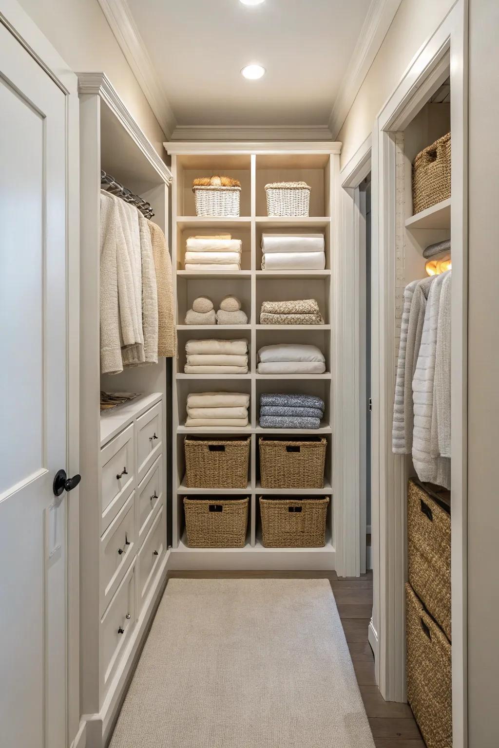 A linen section in a hallway closet with neatly organized shelves.