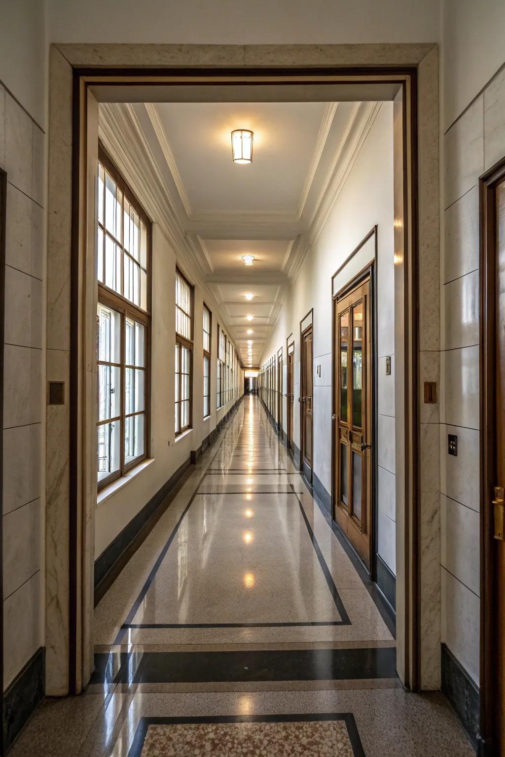 Mirrors at the hallway's end create depth and drama.