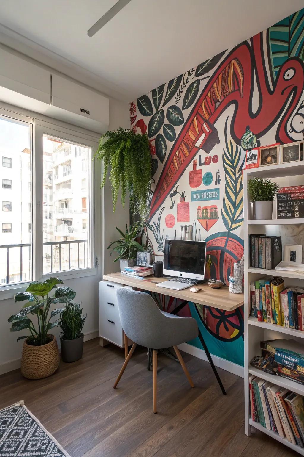 A graffiti mural adds urban flair to this home office.