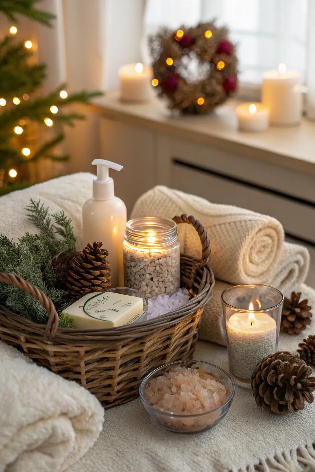 A themed basket featuring hand soap and pampering goodies