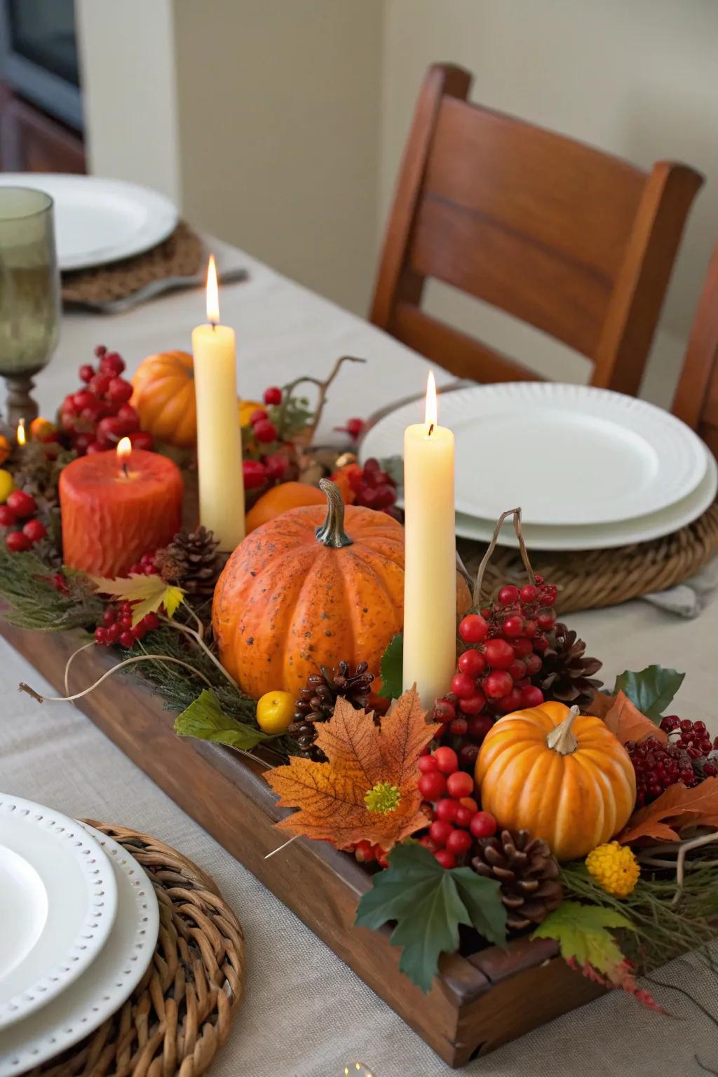 A striking harvest centerpiece with seasonal elements.