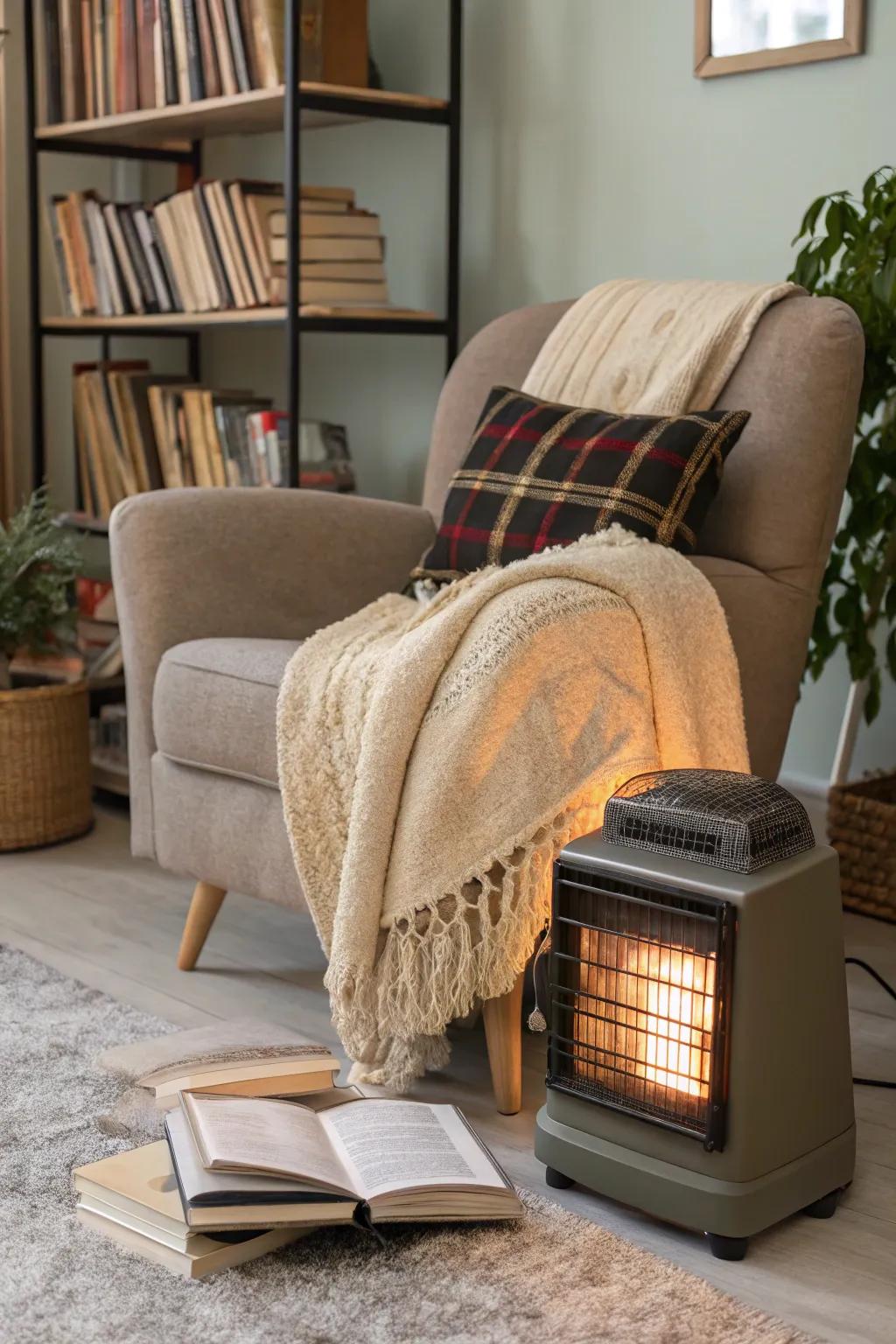 A cozy reading nook with a portable electric heater, ideal for quick and flexible heating.