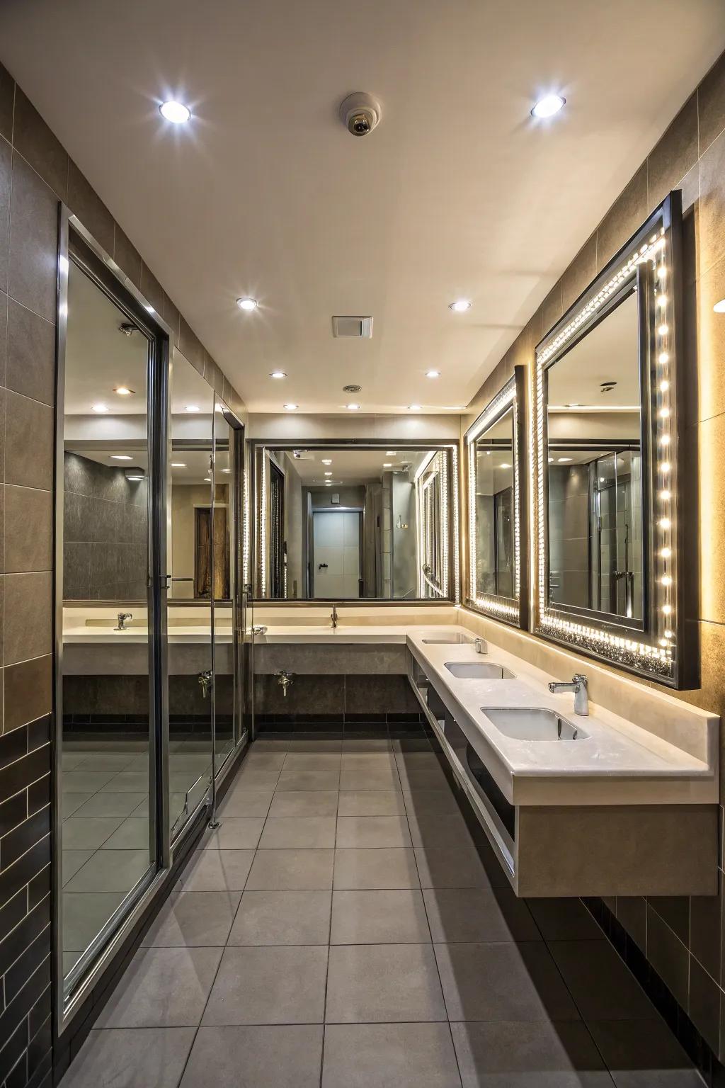 Mirrors create the illusion of space in hidden shower designs.