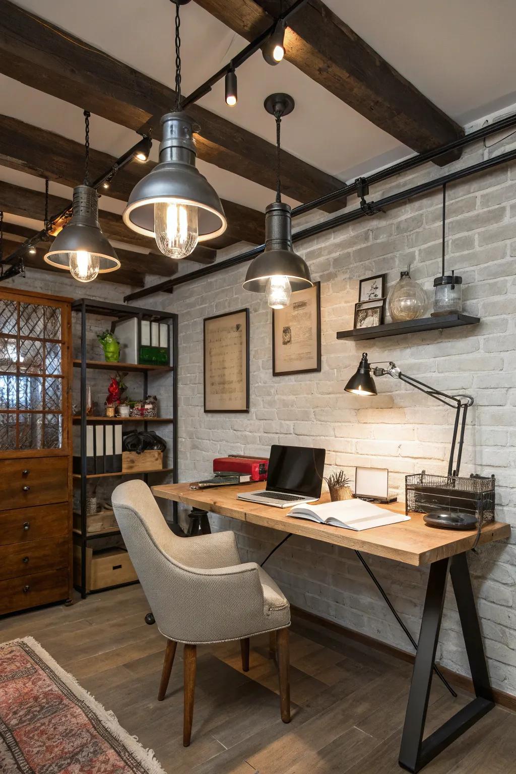 Industrial lighting adds an edgy, urban touch to your home office.