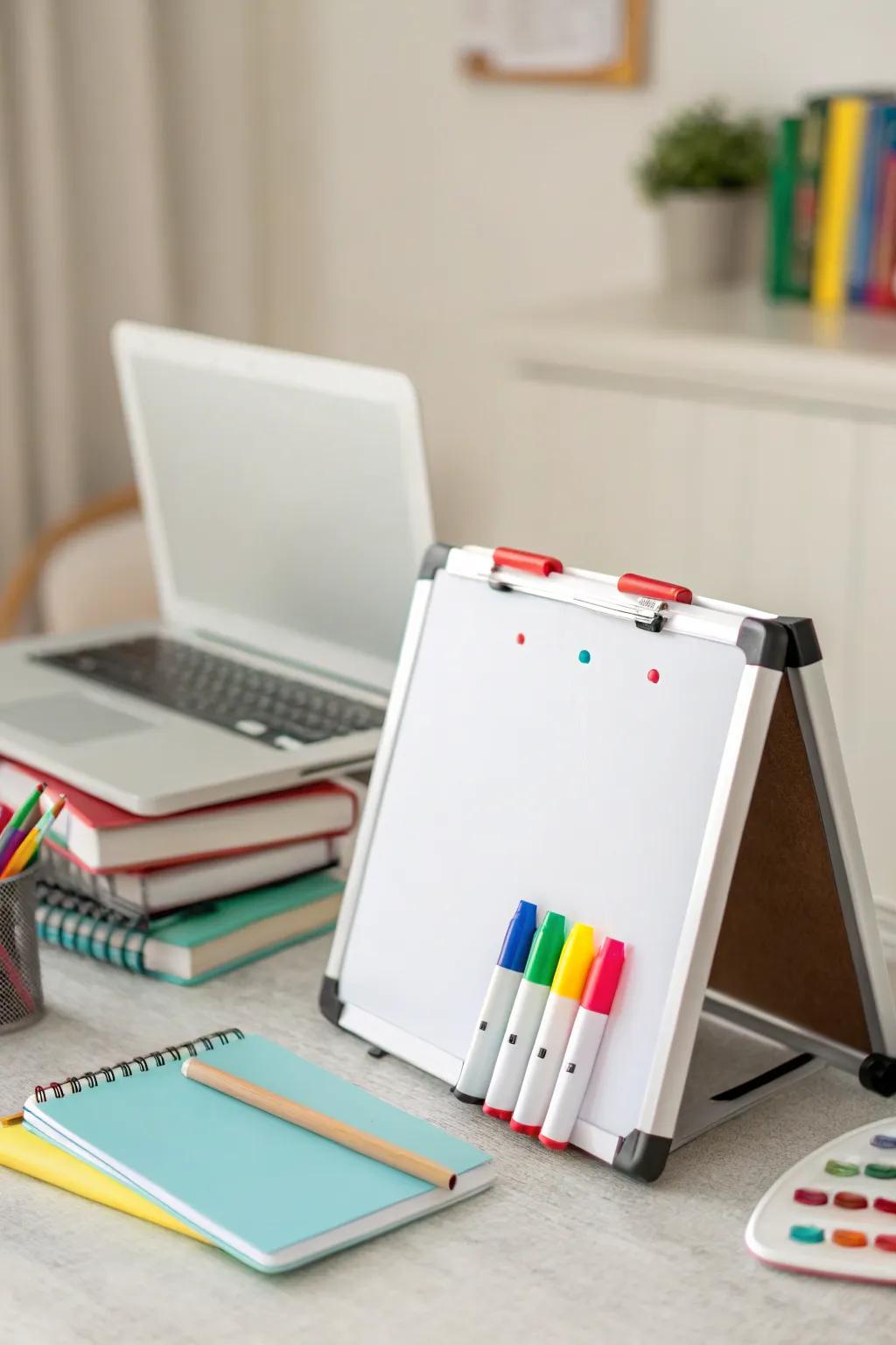 A portable whiteboard is handy for quick notes.