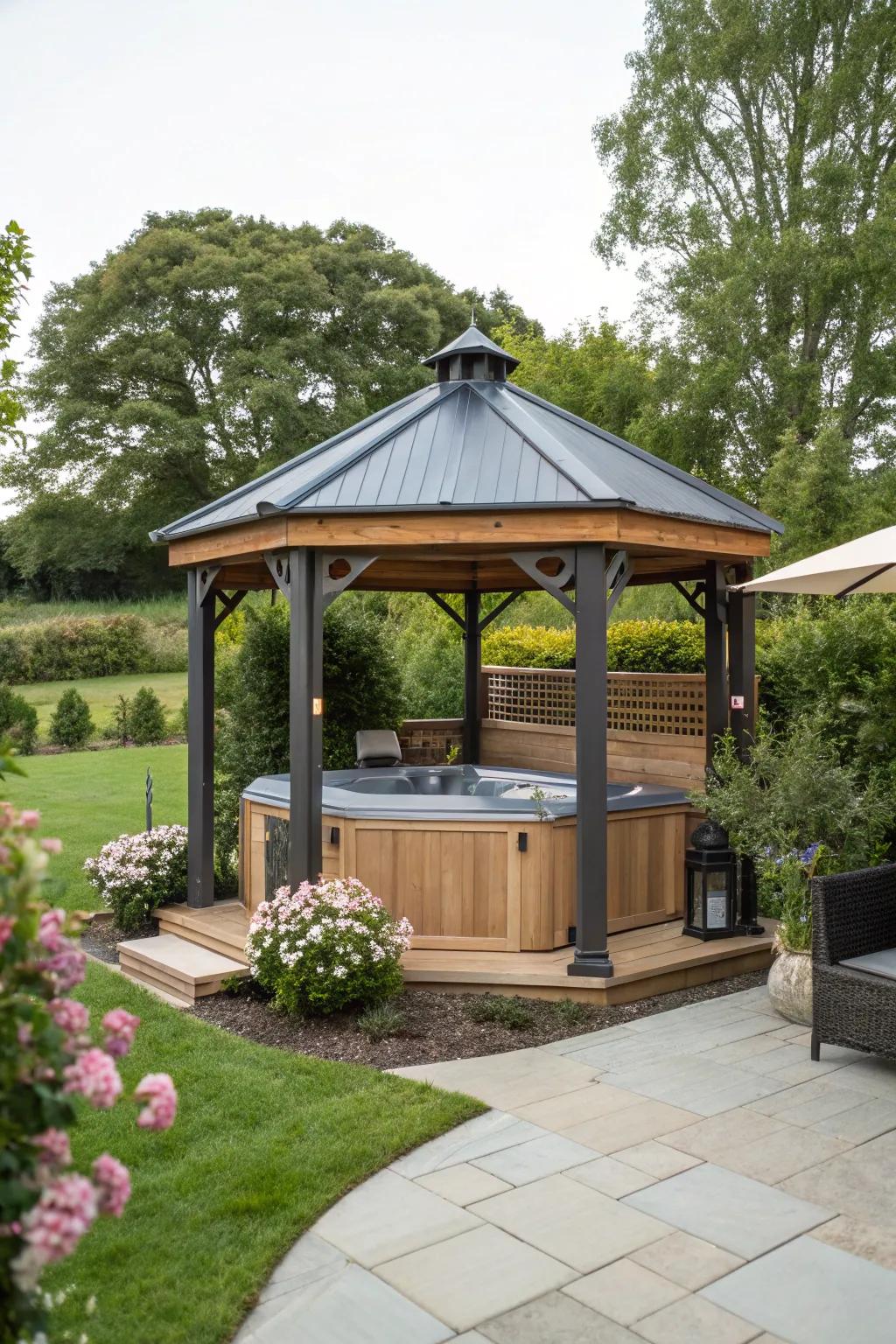 A pavilion provides a grand and protected space for relaxation.