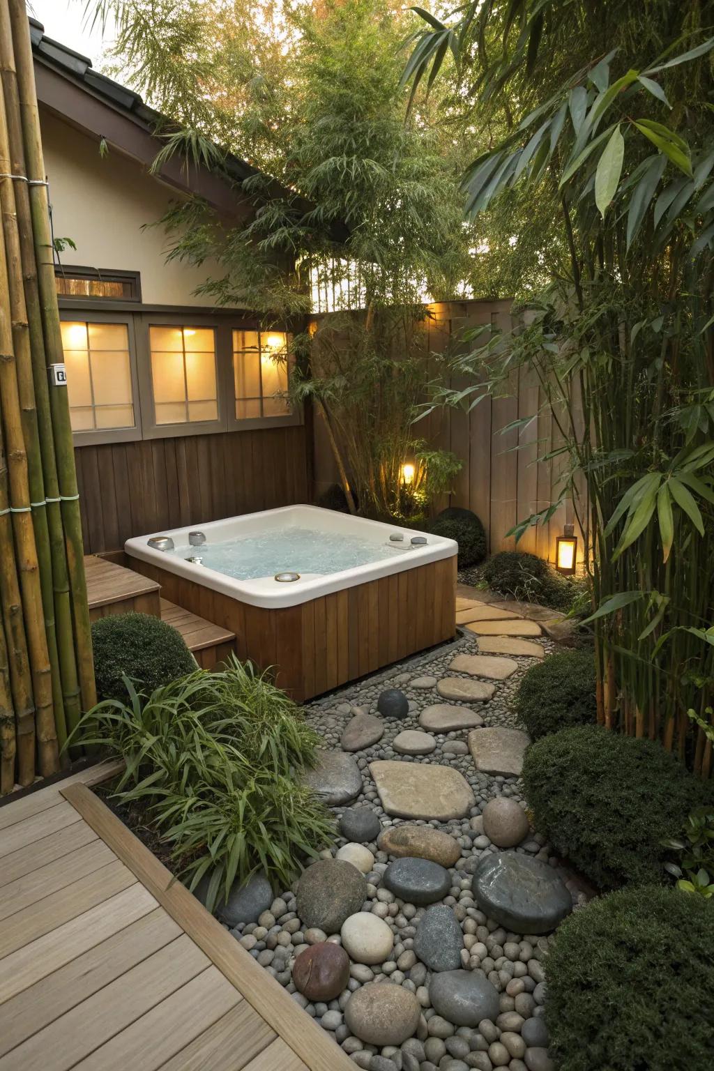 A Zen-inspired hot tub retreat for ultimate relaxation.